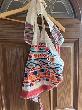 Altered State Boho Embroidered Cotton Halter Top in Cream & Multicolor